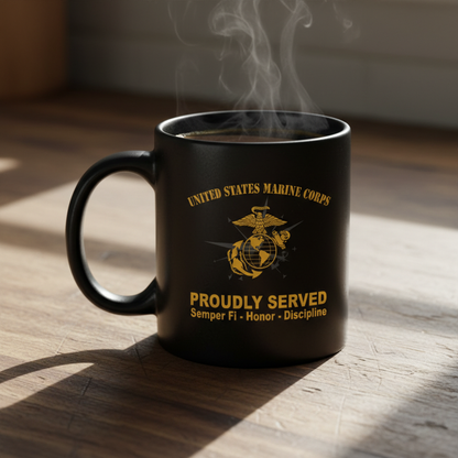 Personalized USMC "Proudly Served" Black Mug - Custom Compass EGA Marine Veteran Cup - Honor Discipline Gift