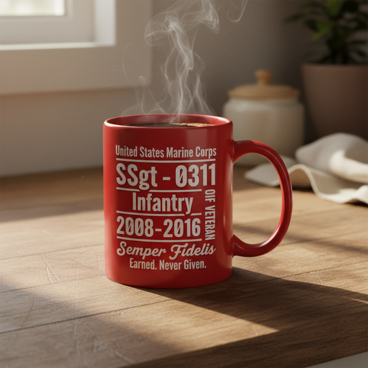 Personalized Red USMC Veteran Mug - Custom Rank & MOS Marine Service Cup - "Earned. Never Given" Gift