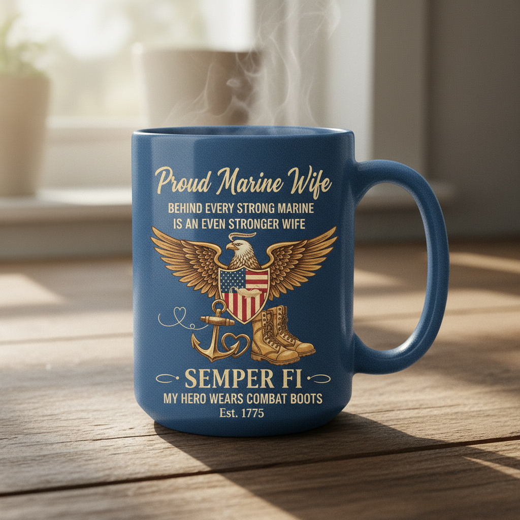 Personalized Proud Marine Wife Coffee Mug - Semper Fi Eagle Design - Custom Name & Year