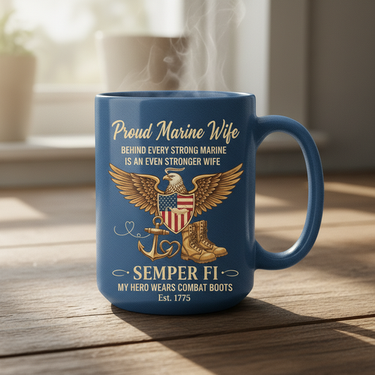 Personalized Proud Marine Wife Coffee Mug - Semper Fi Eagle Design - Custom Name & Year