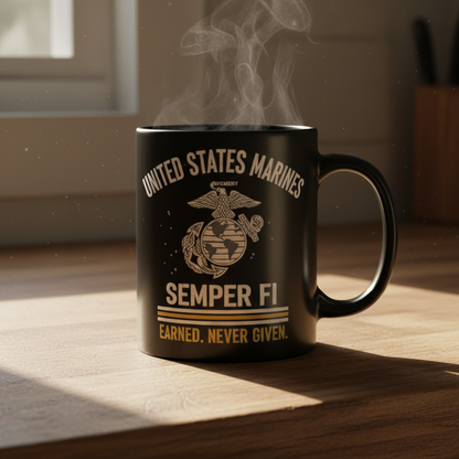 Personalized USMC Semper Fi Mug - Custom Marines EGA Cup - "Earned Never Given" Veteran Gift