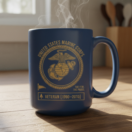 Personalized USMC Pennant Flag Mug - Custom Service Years Marine Cup - Proud Veteran Nameplate Gift