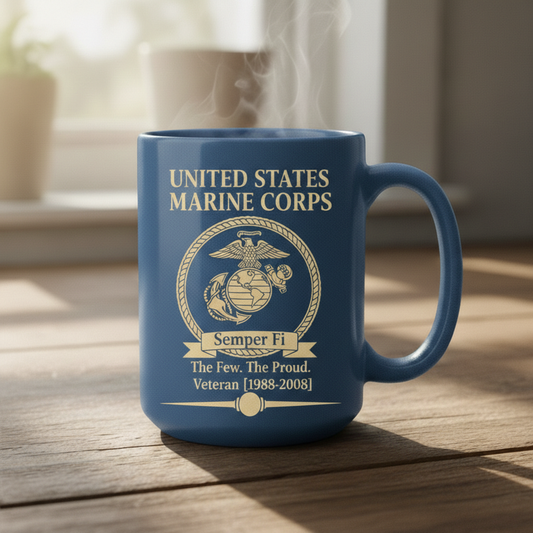 Personalized USMC "The Few The Proud" Mug - Custom Service Years Marine Cup - Classic Veteran Gift