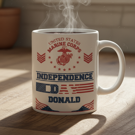 Personalized USMC Independence Day Mug - Custom Name 4th of July Marine Cup - America 250 Veteran Gift
