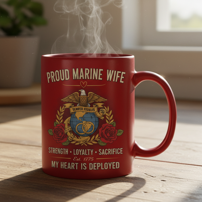 Personalized Marine Wife Globe & Wedding Rings Mug - Custom Red Rose "Strength Loyalty Sacrifice" Coffee Cup