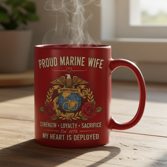 Personalized Marine Wife Globe & Wedding Rings Mug - Custom Red Rose "Strength Loyalty Sacrifice" Coffee Cup