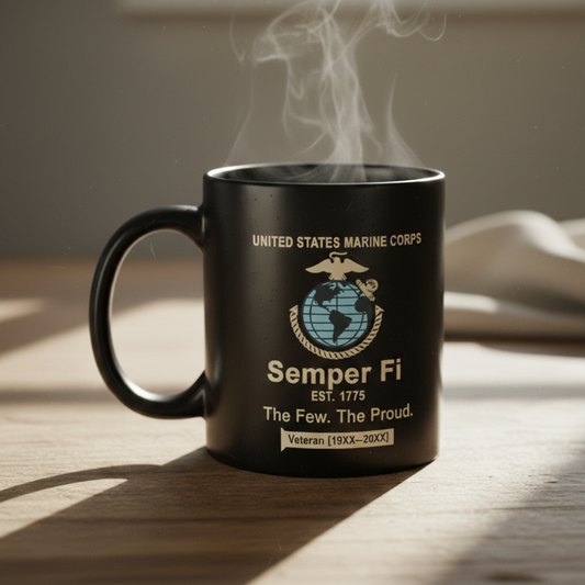 Personalized USMC Semper Fi Mug - Custom Service Years Ribbon Marine Cup - "The Few The Proud" Veteran Gift