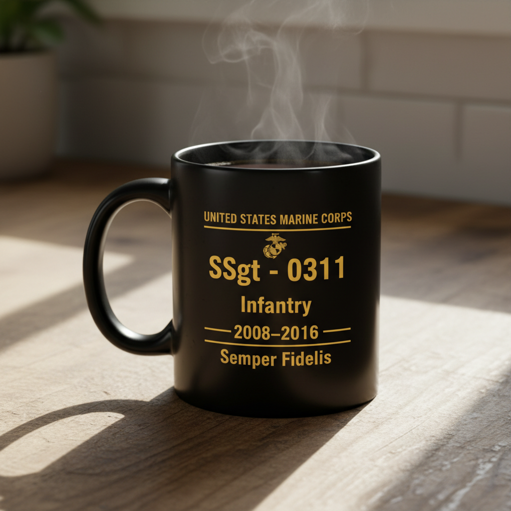 Personalized USMC Rank and MOS Black Mug - Custom Marine Service Record Coffee Cup - Active Duty & Veteran Gift