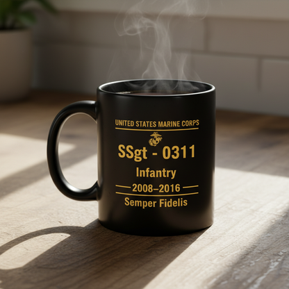 Personalized USMC Rank and MOS Black Mug - Custom Marine Service Record Coffee Cup - Active Duty & Veteran Gift