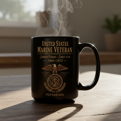 Personalized US Marine Veteran "Vietnam Era" Mug - Custom Service Years EGA Black Coffee Cup