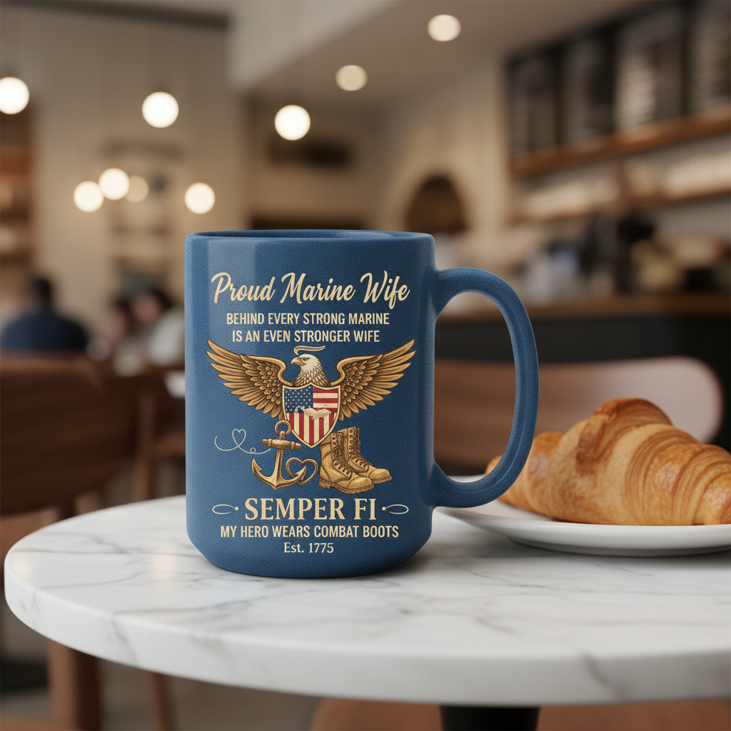 Personalized Proud Marine Wife Coffee Mug - Semper Fi Eagle Design - Custom Name & Year