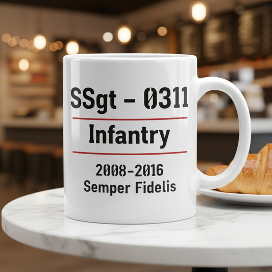 Personalized USMC Rank and MOS White Mug - Custom Marine Service Record Cup - Minimalist Veteran Gift