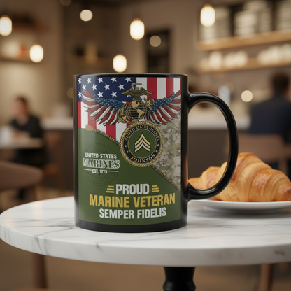 Personalized USMC Unzipped Camo Mug - Custom Name & Rank Marine Patch Cup - Proud Veteran Flag Gift
