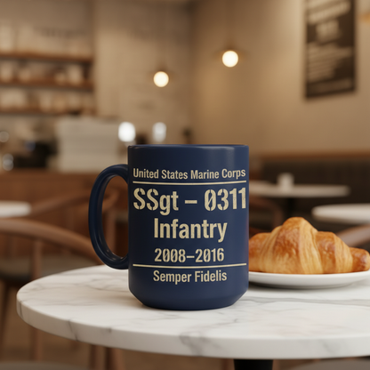Personalized Two-Sided USMC Stencil Mug - Custom MOS & Rank Marine Veteran Cup - OIF / OEF Service Gift