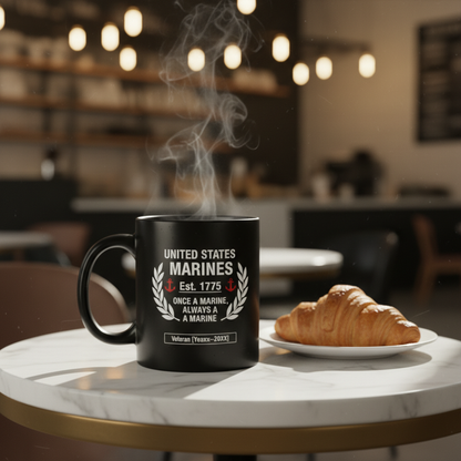 Personalized USMC Laurel Wreath Mug - Custom Service Years Marine Cup - "Always A Marine" Veteran Gift