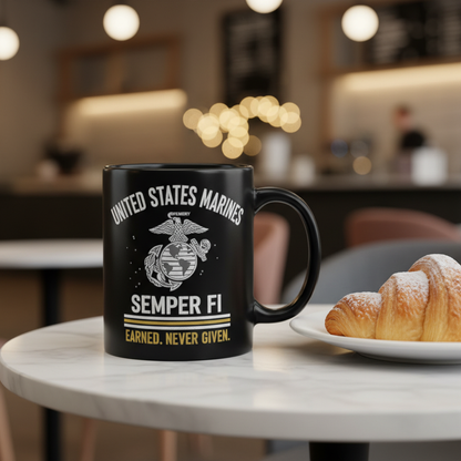 Personalized USMC Semper Fi Mug - Custom Marines EGA Cup - "Earned Never Given" Veteran Gift