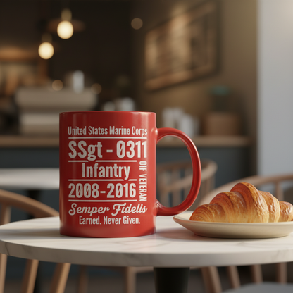 Personalized Red USMC Veteran Mug - Custom Rank & MOS Marine Service Cup - "Earned. Never Given" Gift