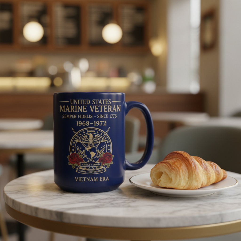 Personalized US Marine Veteran Blue Mug - Custom Vietnam Era Crossed Swords & Roses Coffee Cup