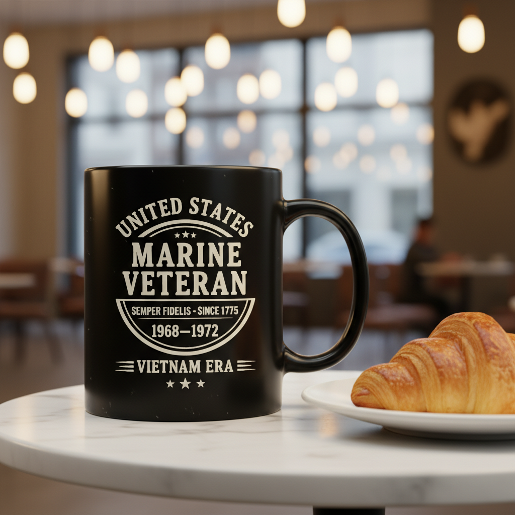 Personalized US Marine Veteran Typography Mug - Custom Service Years Era Cup - Vintage Military Badge Gift
