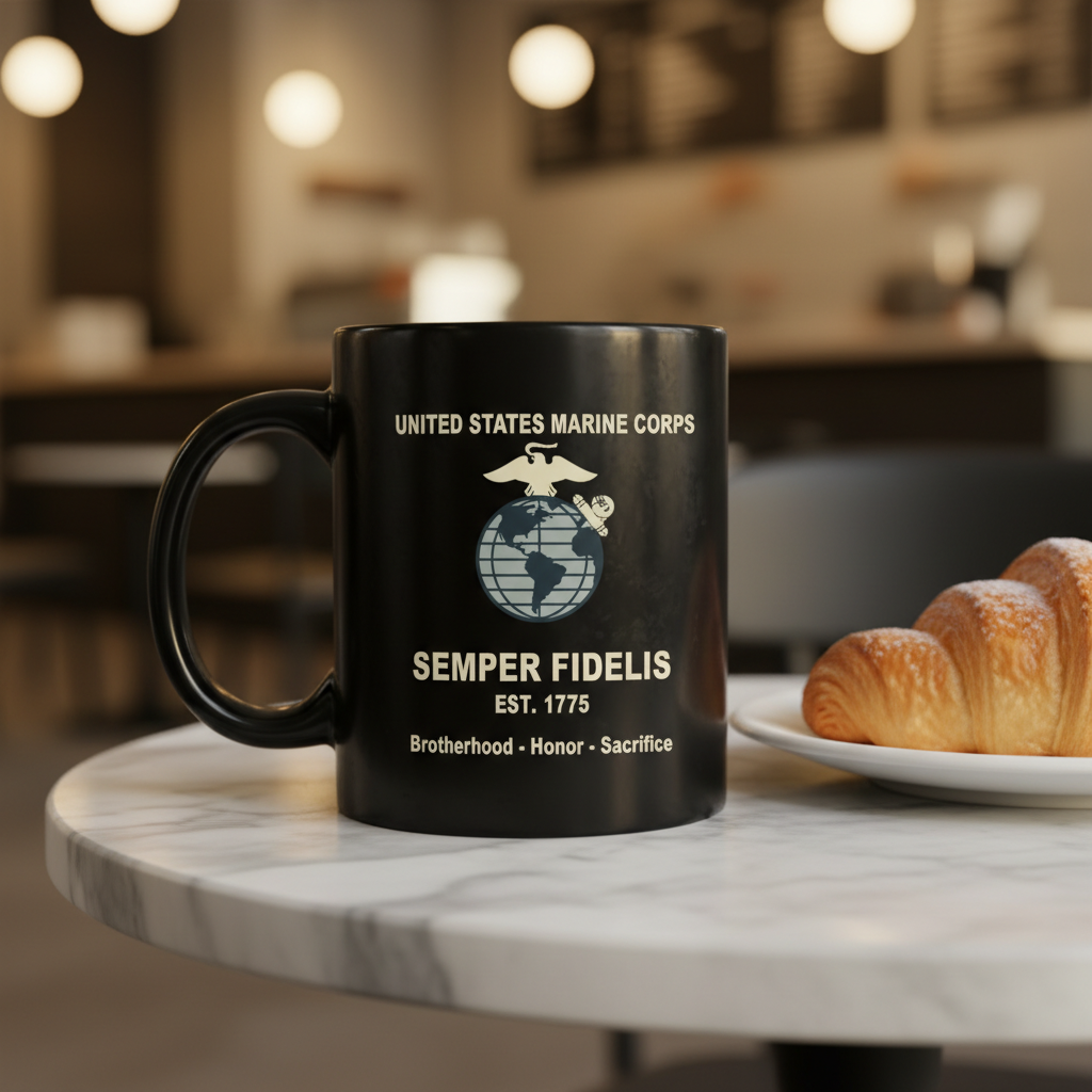 Personalized USMC Semper Fidelis Black Mug - Custom Classic EGA Marine Cup - Brotherhood Honor Sacrifice Gift