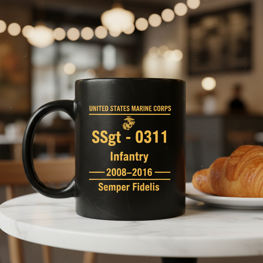 Personalized USMC Rank and MOS Black Mug - Custom Marine Service Record Coffee Cup - Active Duty & Veteran Gift