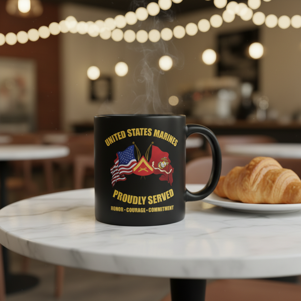 Personalized USMC Crossed Flags Mug - Custom Rank & Core Values Marine Cup - America 250 Veteran Gift