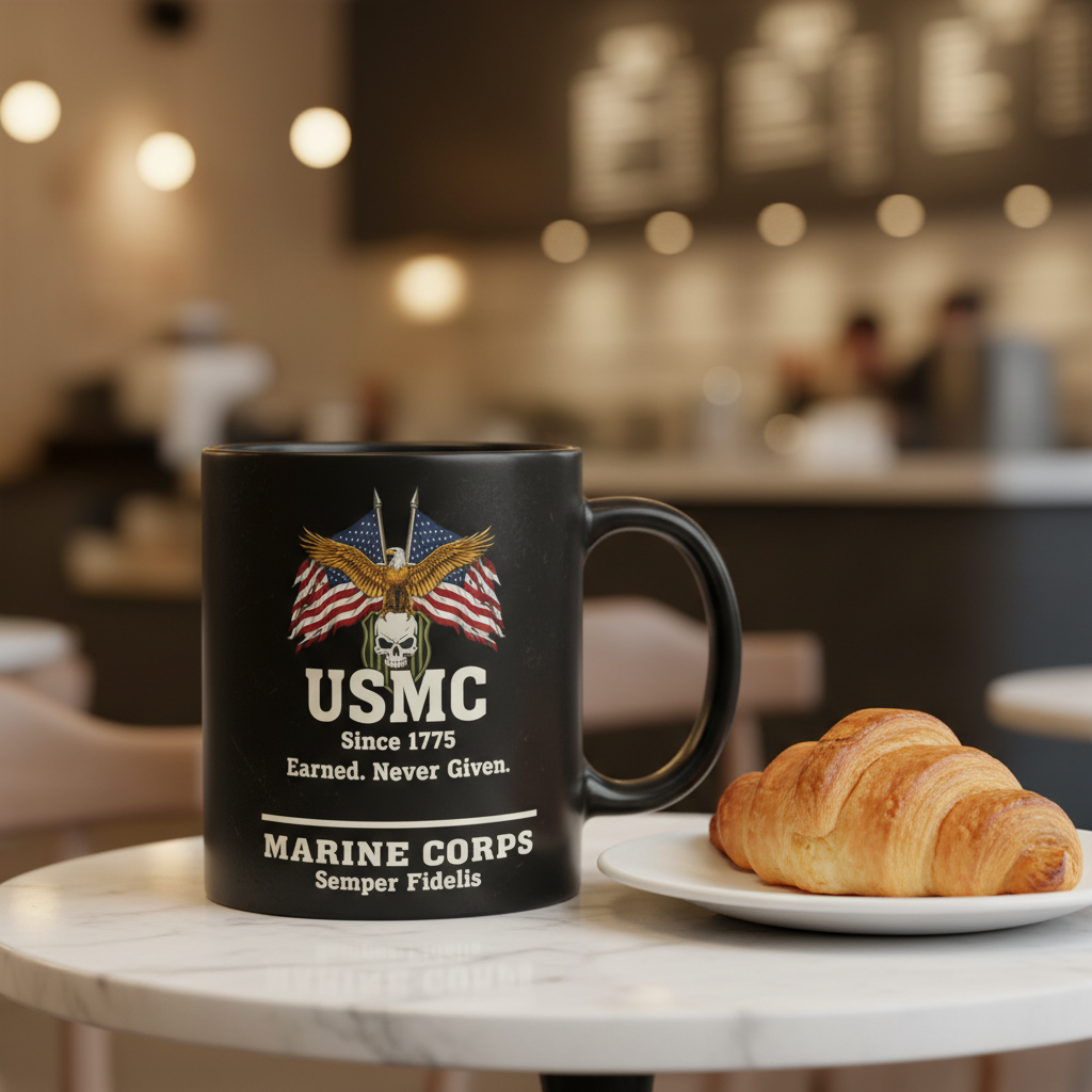Personalized USMC Skull & Flags Black Mug - Custom "Earned Never Given" Marine Cup - Badass Veteran Gift