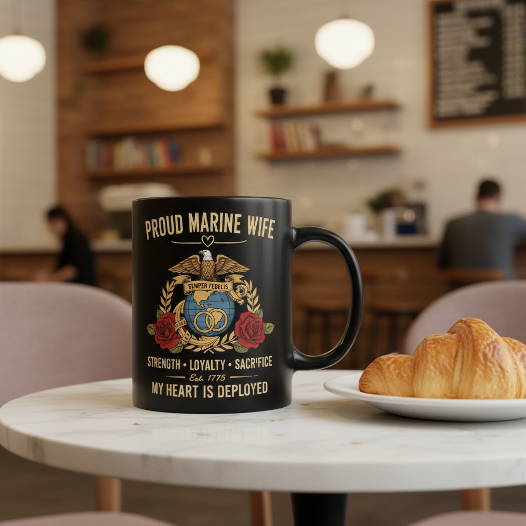 Personalized Proud Marine Wife Mug - Custom "My Heart Is Deployed" Wedding Rings Cup - Military Spouse Gift