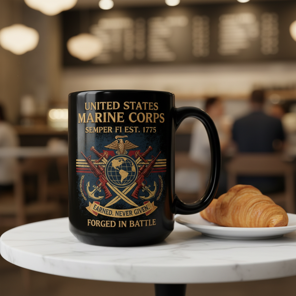Personalized USMC "Forged In Battle" Black Mug - Custom Crossed Rifles Marine Veteran Cup - Earned Never Given Gift