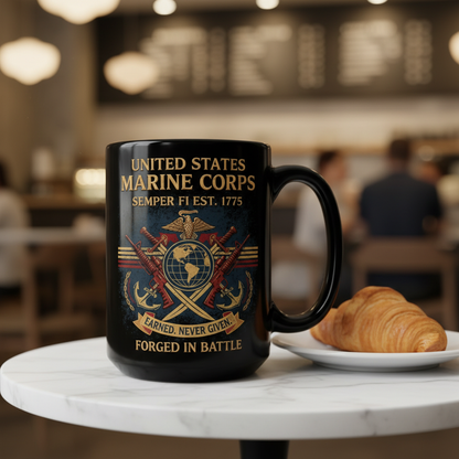 Personalized USMC "Forged In Battle" Black Mug - Custom Crossed Rifles Marine Veteran Cup - Earned Never Given Gift