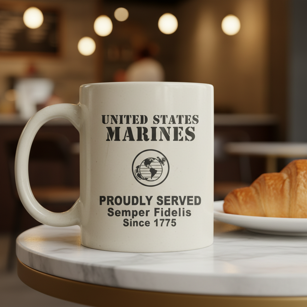 Personalized Minimalist US Marines White Mug - Custom "Proudly Served" Stencil Cup - Semper Fidelis Veteran Gift