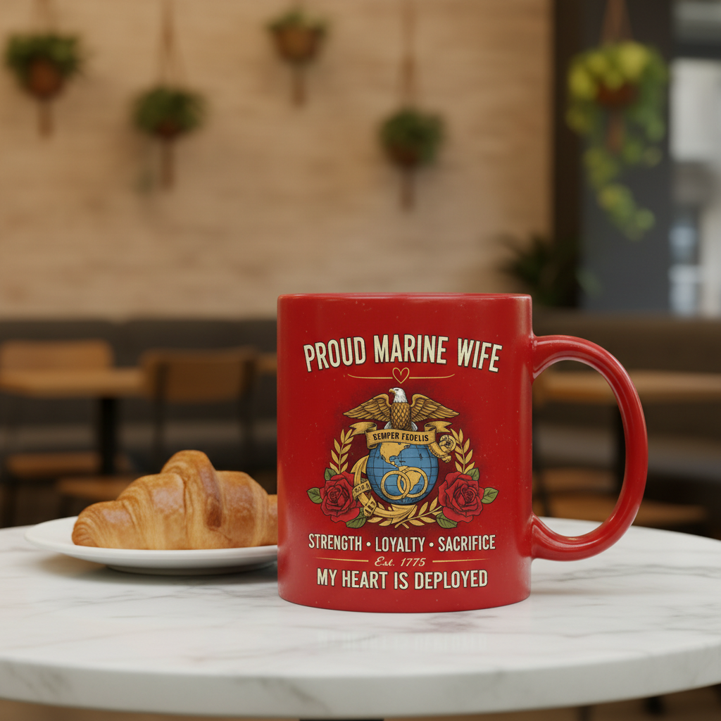 Personalized Marine Wife Globe & Wedding Rings Mug - Custom Red Rose "Strength Loyalty Sacrifice" Coffee Cup