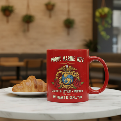 Personalized Marine Wife Globe & Wedding Rings Mug - Custom Red Rose "Strength Loyalty Sacrifice" Coffee Cup