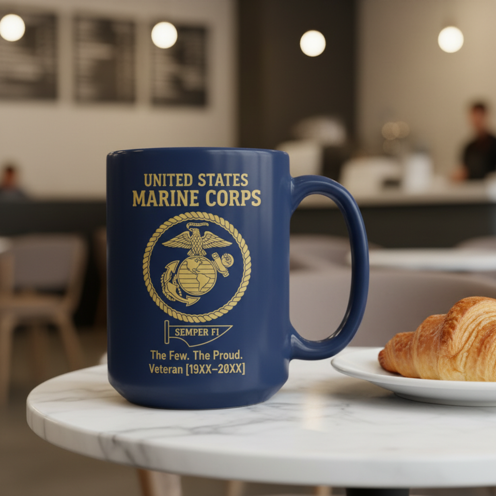 Personalized USMC Semper Fi Pennant Mug - Custom Service Years Marine Cup - The Few The Proud Veteran Gift