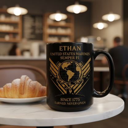 Personalized USMC Iwo Jima Black Mug - Custom Name Marine Veteran Cup - "Earned Never Given" Gift