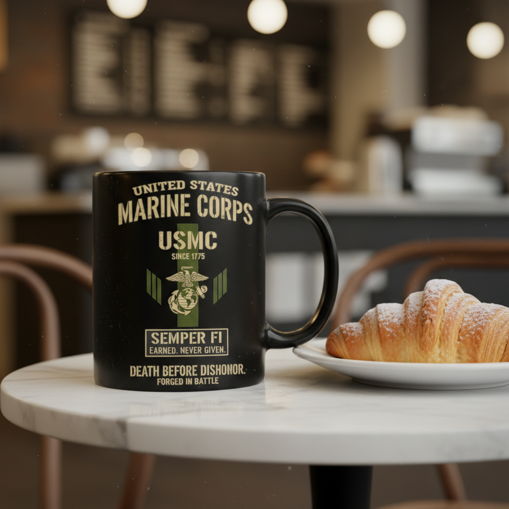 Personalized USMC "Death Before Dishonor" Black Mug - Custom Tactical Marine Veteran Cup - Forged In Battle Gift