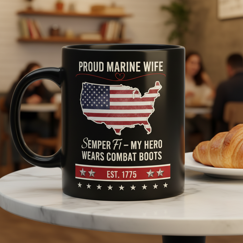 Personalized Proud Marine Wife Mug - Custom "My Hero Wears Combat Boots" Spouse Cup - USA Flag Map Gift