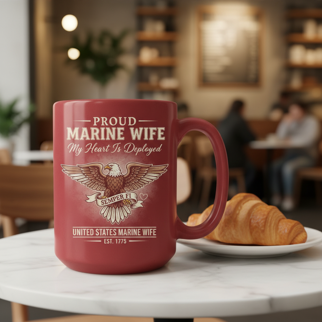 Personalized Proud Marine Wife Mug - "My Heart Is Deployed" Semper Fi Coffee Cup - Custom Military Deployment Gift