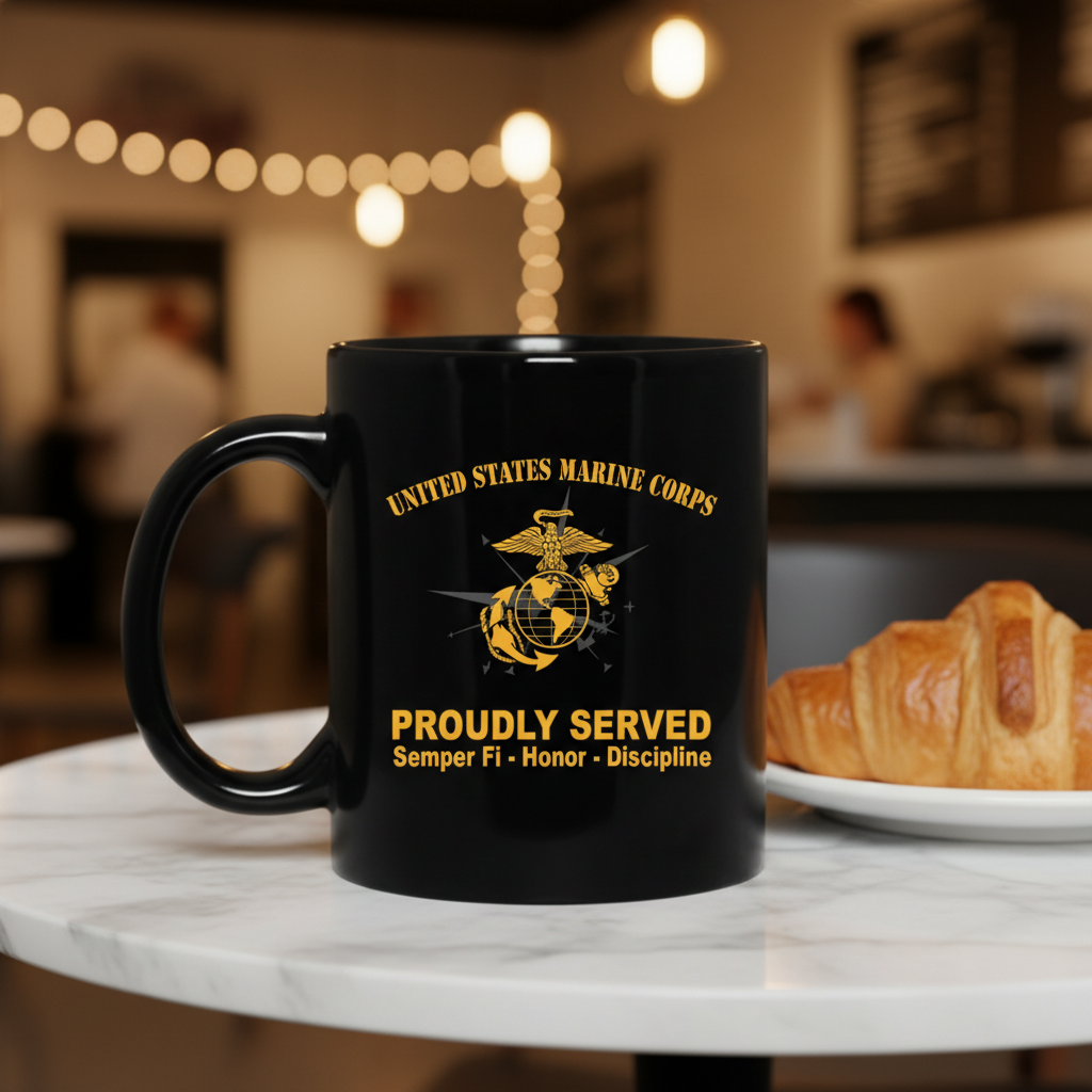 Personalized USMC "Proudly Served" Black Mug - Custom Compass EGA Marine Veteran Cup - Honor Discipline Gift