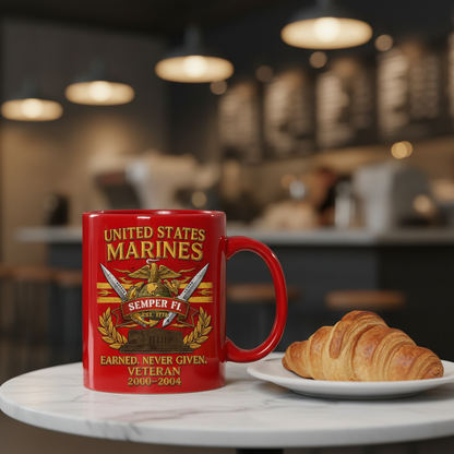Personalized USMC Crossed Swords Red Mug - Custom Name & Years Marine Veteran Cup - "Earned Never Given" Gift