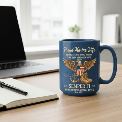 Personalized Proud Marine Wife Coffee Mug - Semper Fi Eagle Design - Custom Name & Year