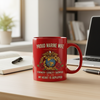 Personalized Marine Wife Globe & Wedding Rings Mug - Custom Red Rose "Strength Loyalty Sacrifice" Coffee Cup