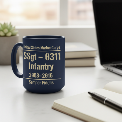 Personalized Two-Sided USMC Stencil Mug - Custom MOS & Rank Marine Veteran Cup - OIF / OEF Service Gift