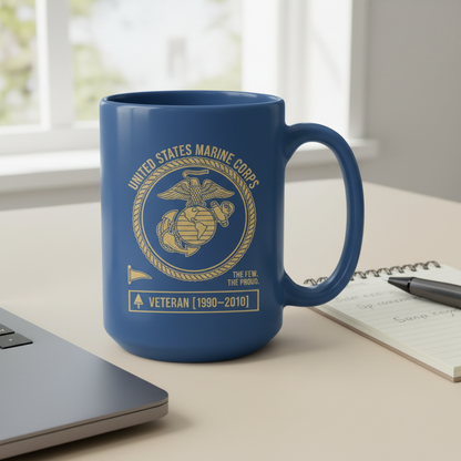 Personalized USMC Pennant Flag Mug - Custom Service Years Marine Cup - Proud Veteran Nameplate Gift