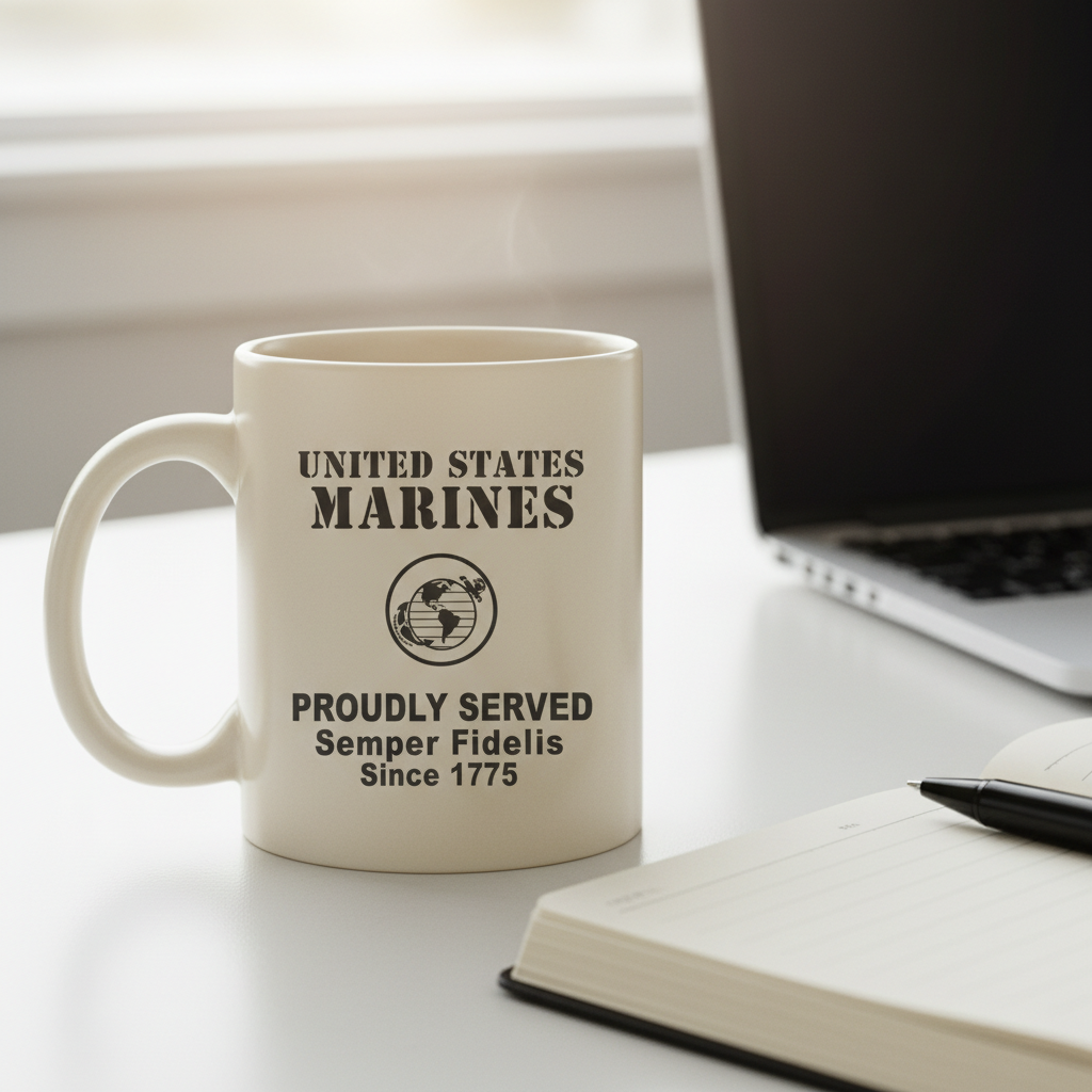 Personalized Minimalist US Marines White Mug - Custom "Proudly Served" Stencil Cup - Semper Fidelis Veteran Gift