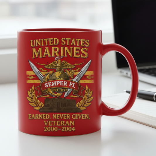 Personalized USMC Crossed Swords Red Mug - Custom Name & Years Marine Veteran Cup - "Earned Never Given" Gift