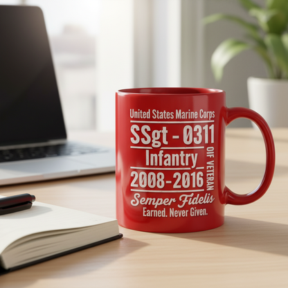 Personalized Red USMC Veteran Mug - Custom Rank & MOS Marine Service Cup - "Earned. Never Given" Gift
