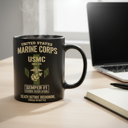Personalized USMC "Death Before Dishonor" Black Mug - Custom Tactical Marine Veteran Cup - Forged In Battle Gift