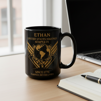 Personalized USMC Iwo Jima Black Mug - Custom Name Marine Veteran Cup - "Earned Never Given" Gift