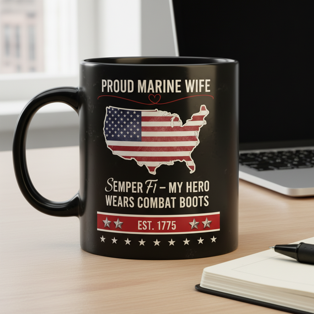 Personalized Proud Marine Wife Mug - Custom "My Hero Wears Combat Boots" Spouse Cup - USA Flag Map Gift